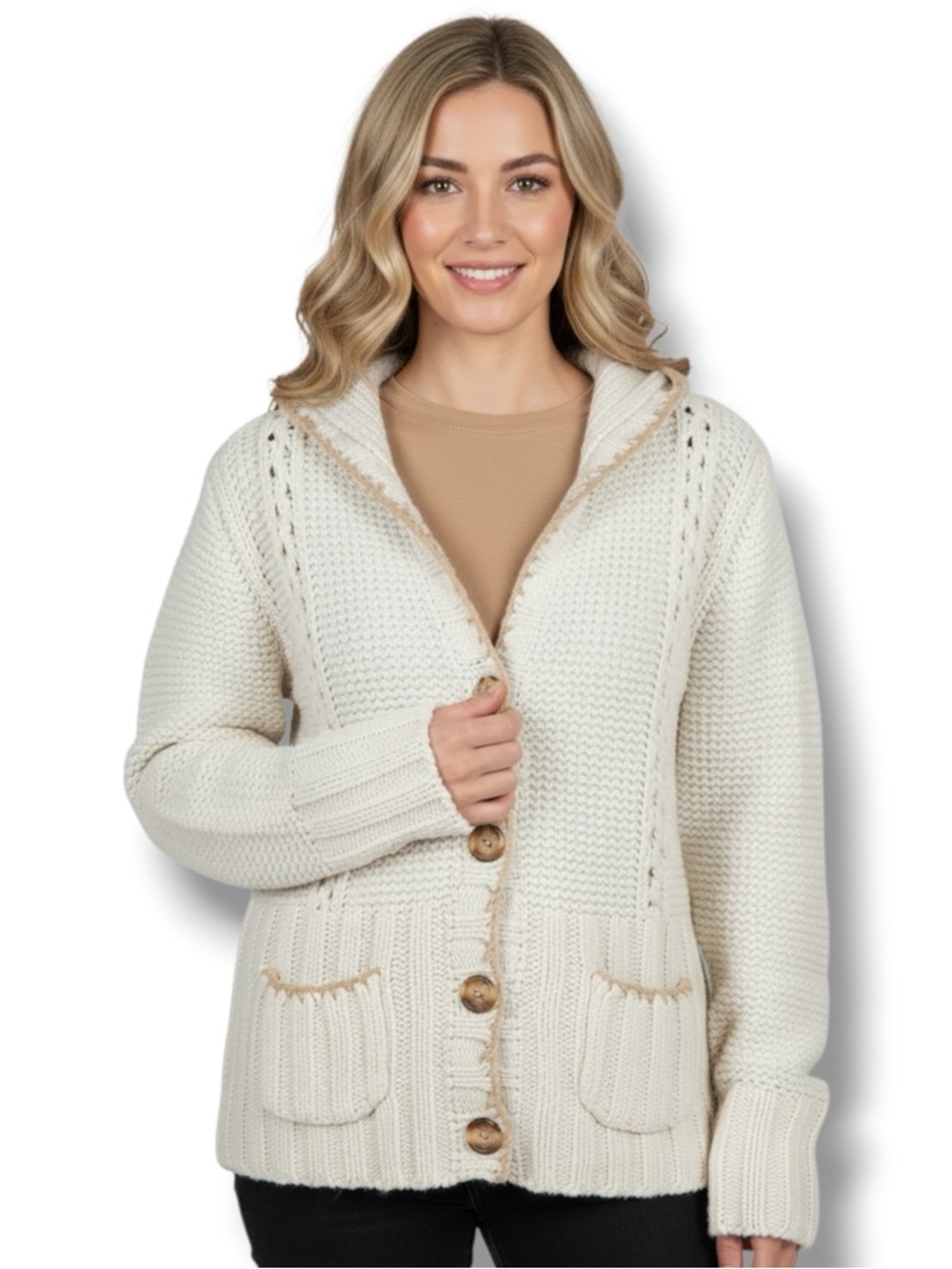 Say What? Cream Button-Up Ramie Blend Hooded Cardigan. Women’s Size Large